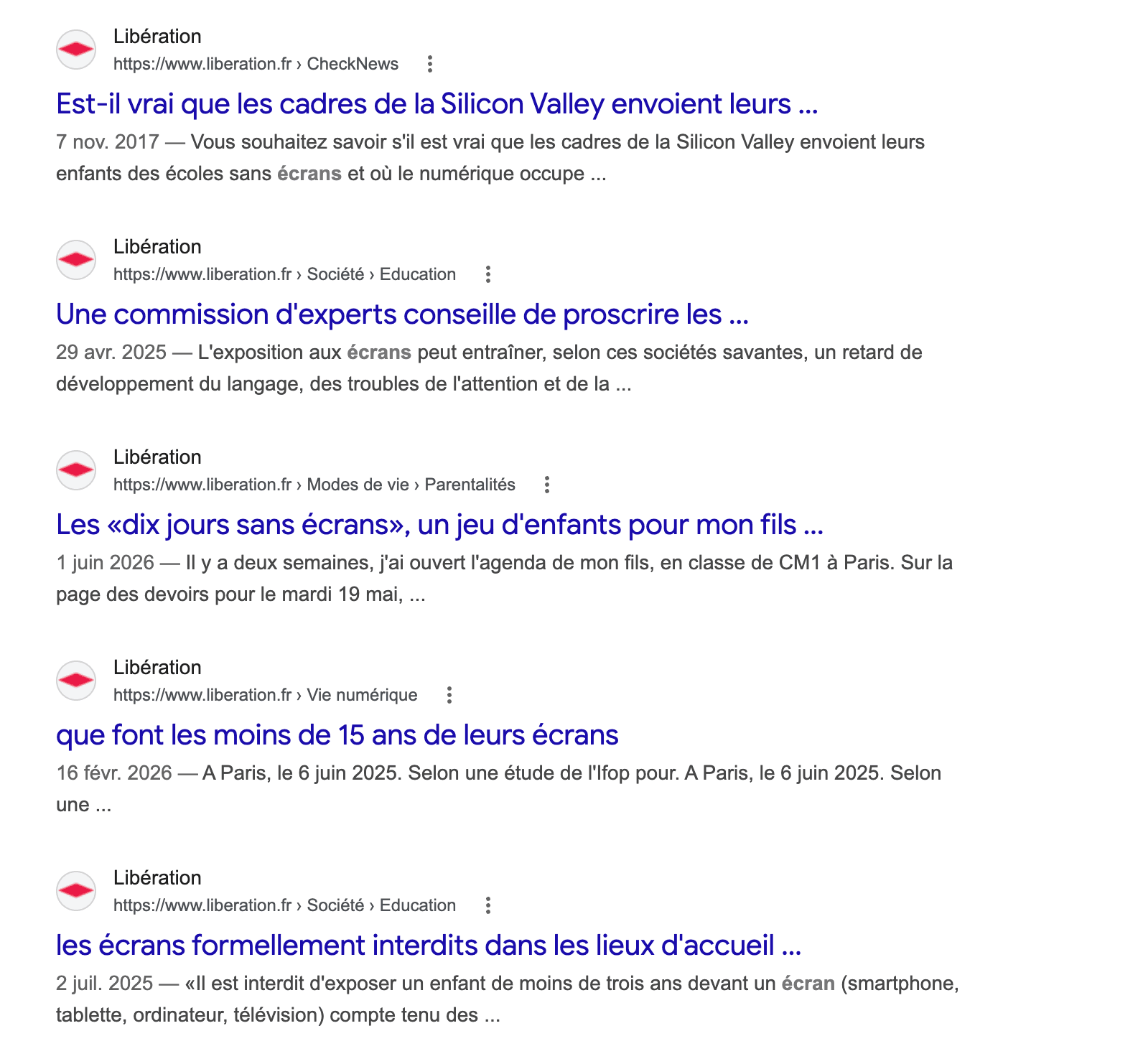 Résultats de recherche Google : les articles de Libération sur les dangers des écrans
