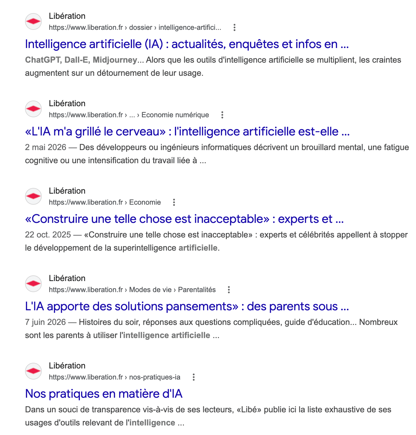Résultats de recherche Google : les articles de Libération sur l'intelligence artificielle