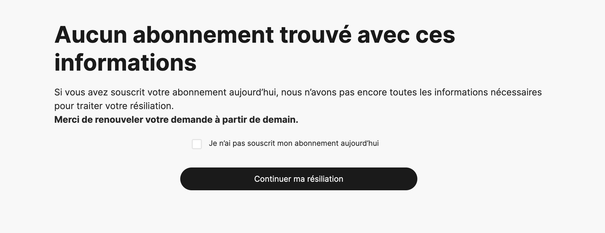 Page de résiliation de Libération : aucun abonnement trouvé avec ces informations