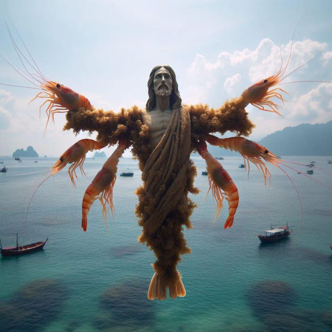 Statue flottante générée par IA, autre exemple de slop Facebook