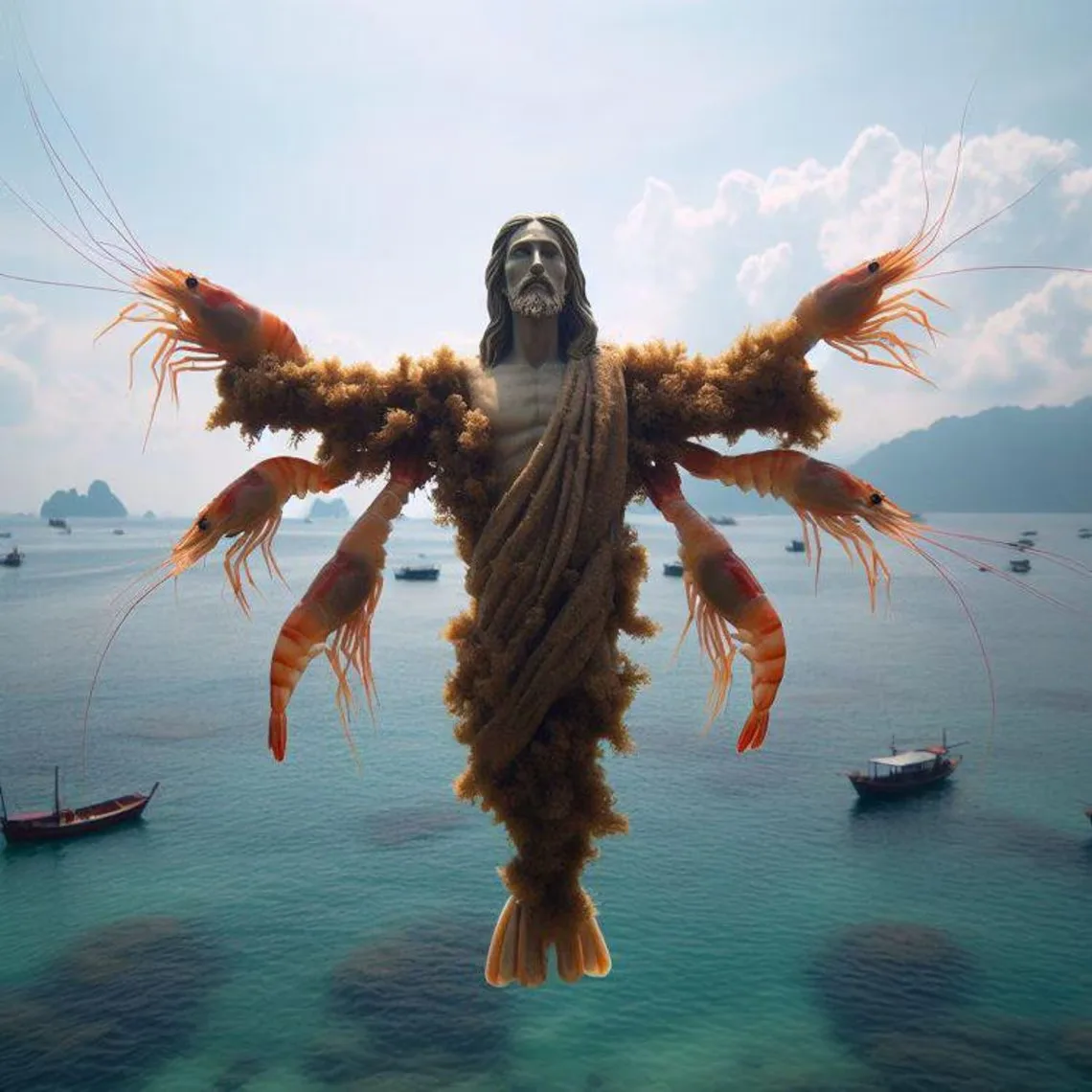 Statue flottante générée par IA, autre exemple de slop Facebook