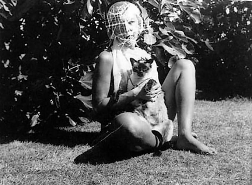 Claude Cahun dans le jardin de La Rocquaise avec son chat