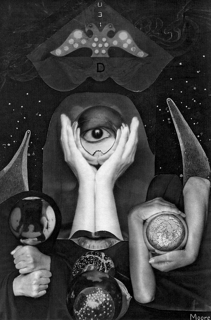 Photomontage d'Aveux non avenus composé par Marcel Moore, œil et mains