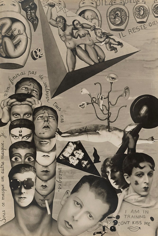 Photomontage d'Aveux non avenus, fragments de visages et texte manuscrit
