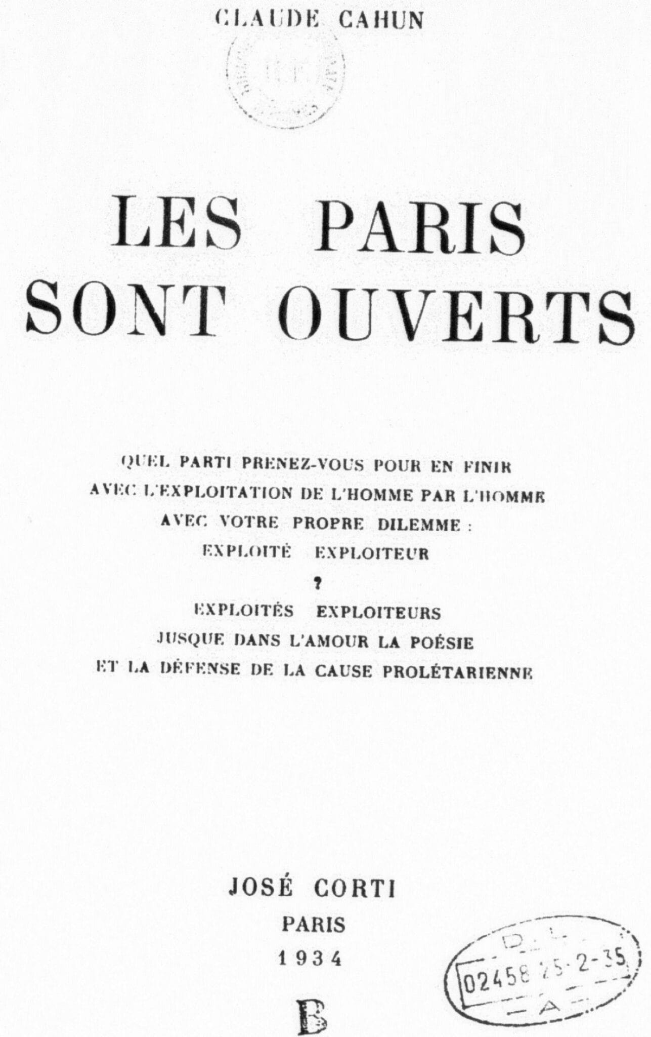 Page de titre des Paris sont ouverts de Claude Cahun, José Corti, 1934