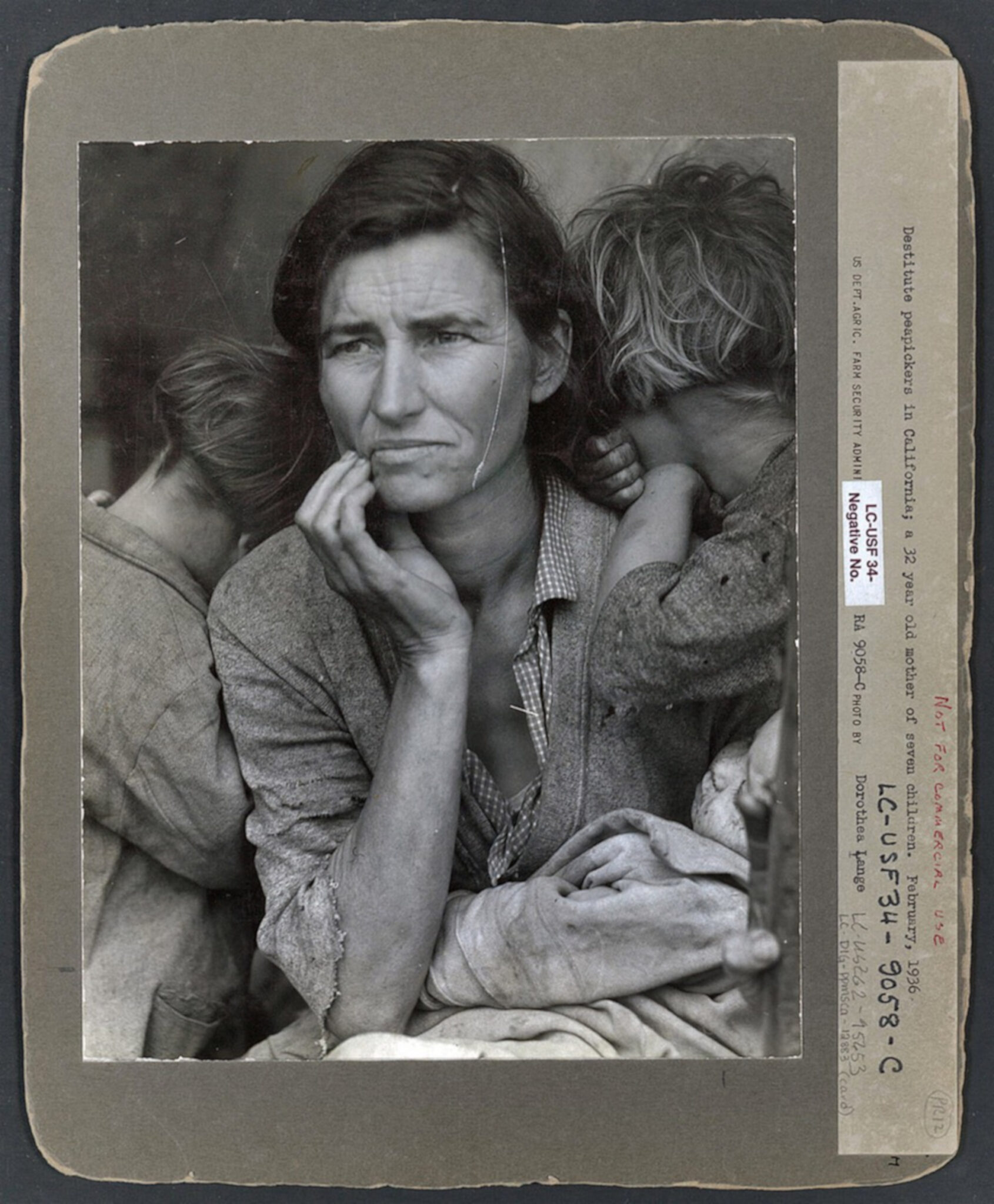 Fiche cartonnée du négatif LC-USF34-9058-C de Migrant Mother, avec la légende dactylographiée d'origine