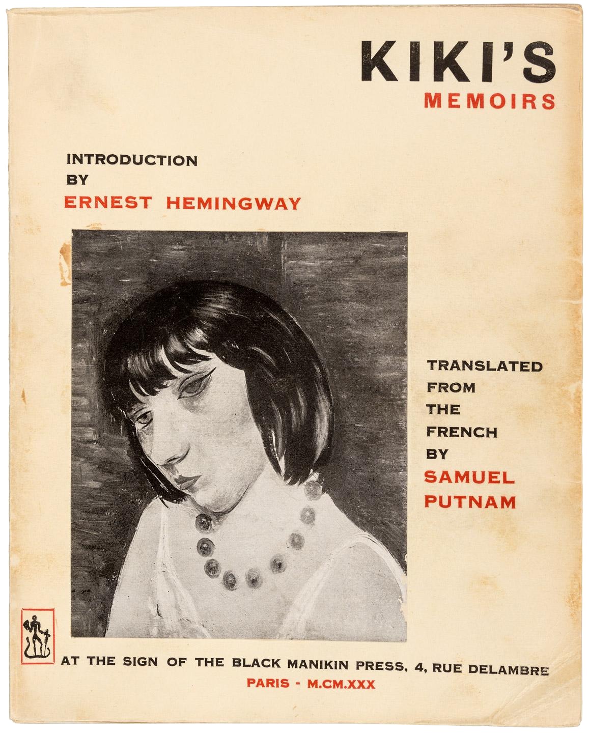Couverture de Kiki’s Memoirs publié par la Black Manikin Press à Paris en 1930 avec une introduction d’Ernest Hemingway