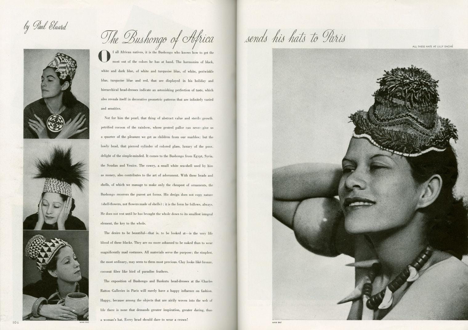 Double page de Harper’s Bazaar, septembre 1937, photographies de chapeaux par Man Ray et texte de Paul Éluard