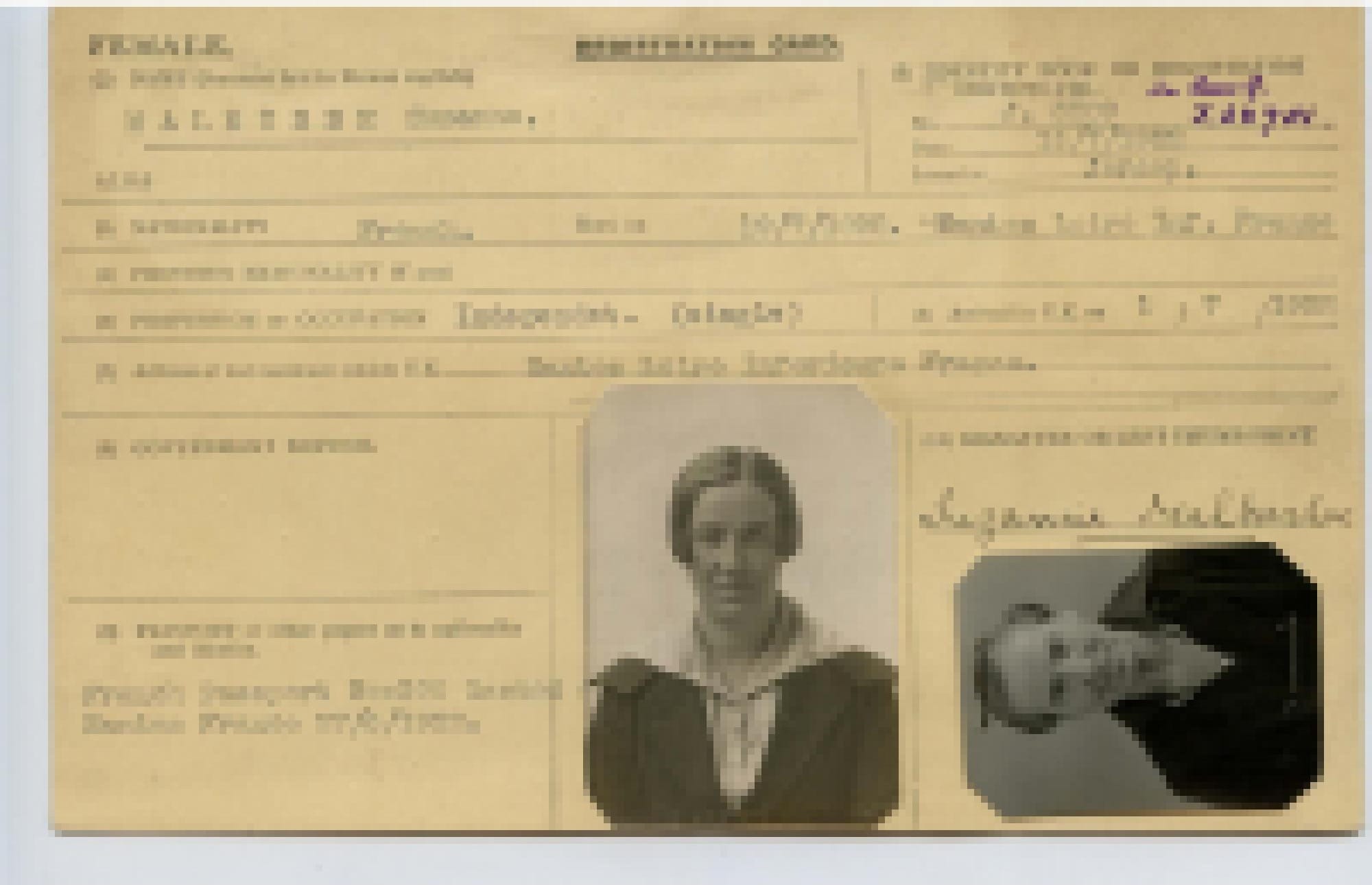 Carte d'enregistrement de Suzanne Malherbe à Jersey pendant l'Occupation