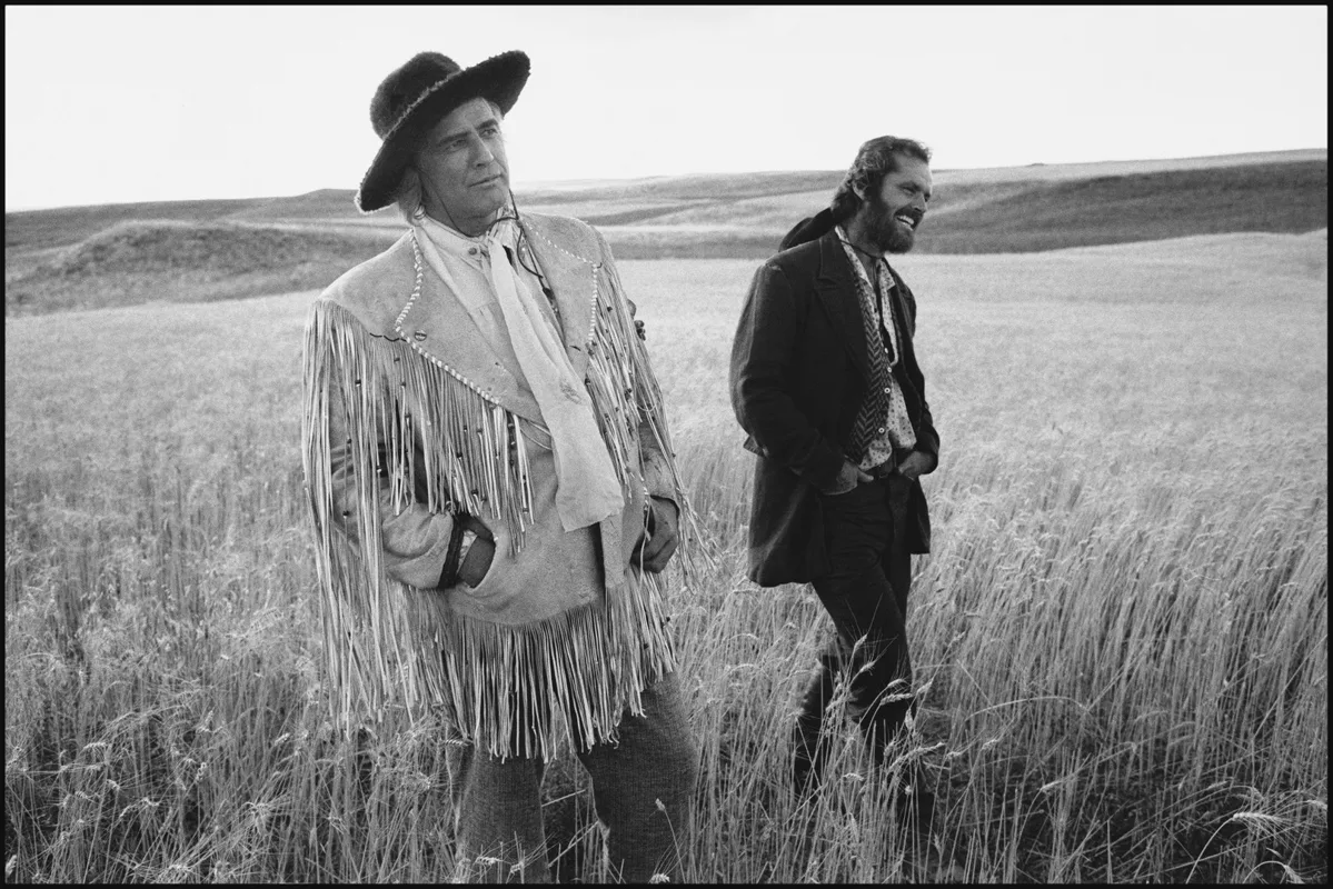Mary Ellen Mark, Marlon Brando and Jack Nicholson on location in Montana. Though they had many scenes together in the film, they were only on location together for one day, pictured here The Missouri Breaks, Billings, Montana, 1975
