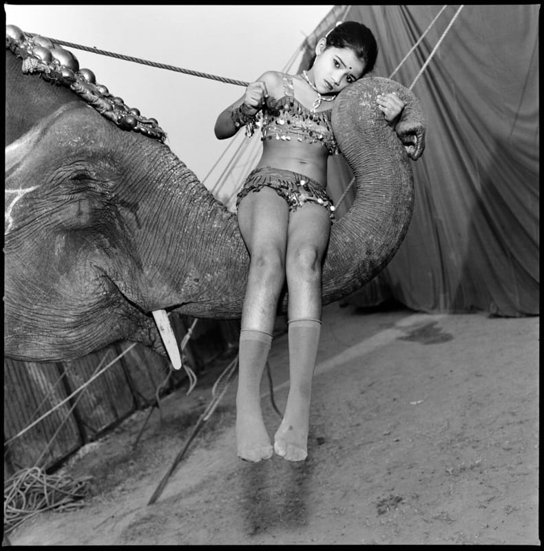 Mary Ellen Mark, Jyotsana Riding on Vahini the Elephant, Amar Circus, Delhi, 1989