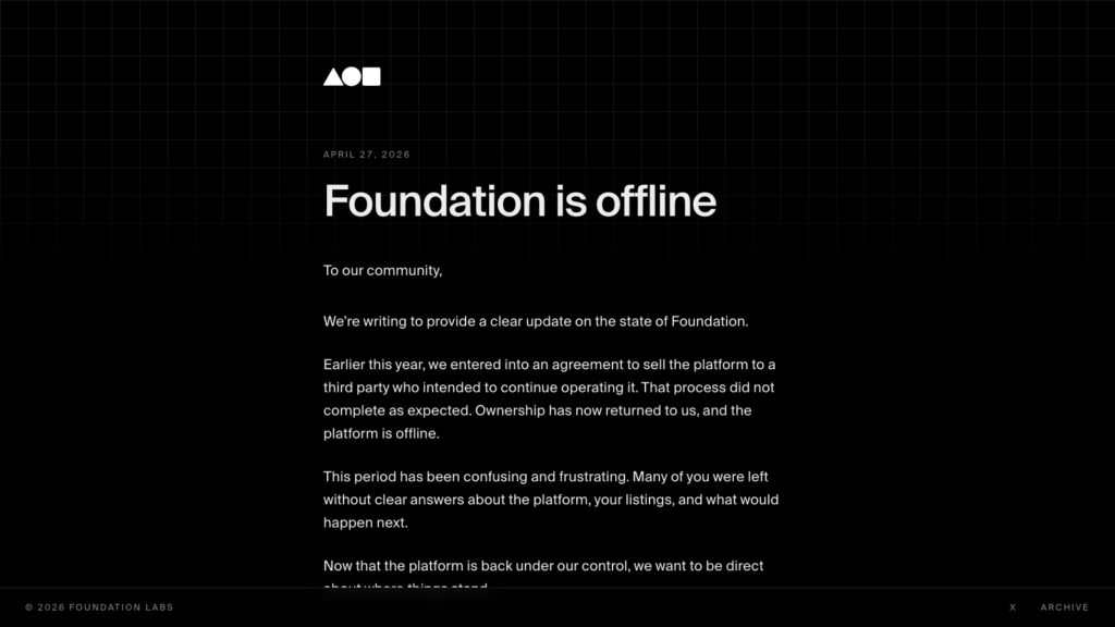 Page d'accueil de foundation.app en août 2026 : Foundation is offline