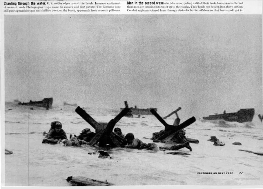 Page du magazine Life du 19 juin 1944 montrant une photographie de Capa à Omaha Beach et ses légendes