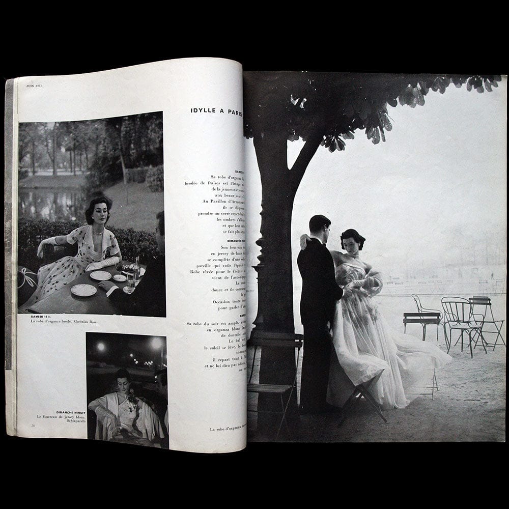 Double page d un magazine de mode illustree par Robert Doisneau