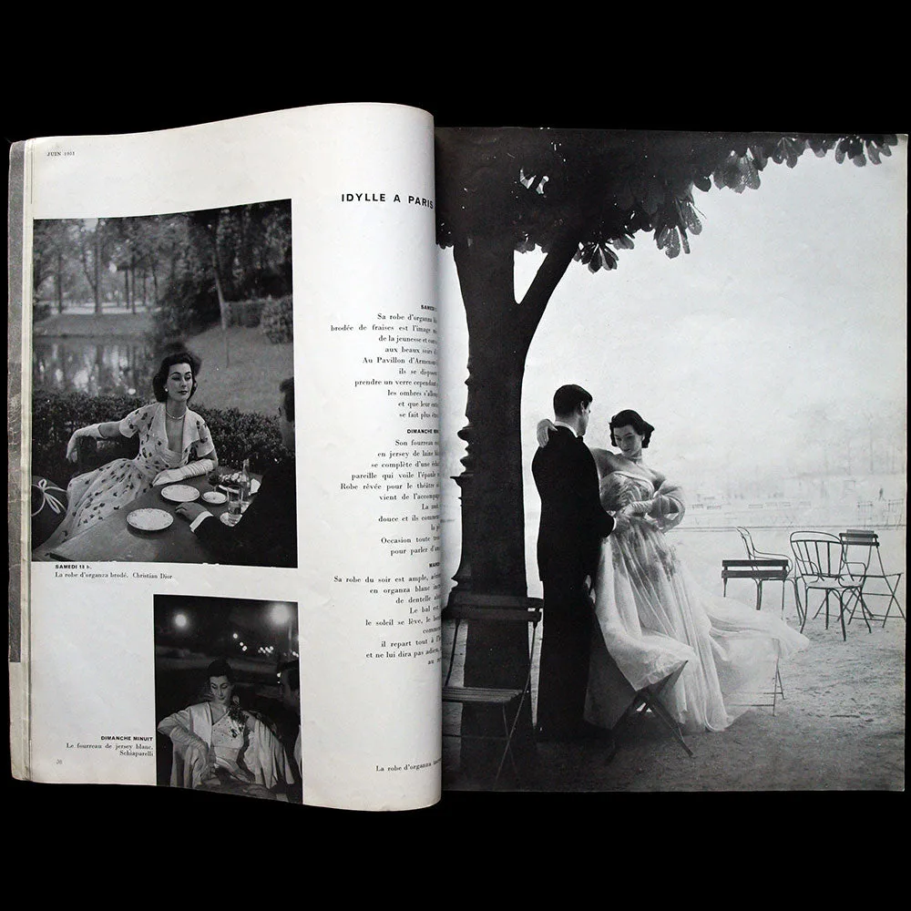 Double page d un magazine de mode illustree par Robert Doisneau