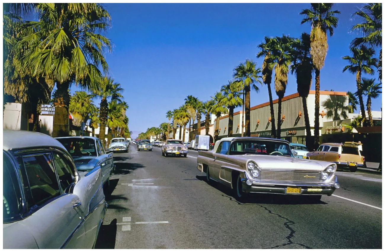 Rue bordée de palmiers et d'automobiles américaines, Palm Springs, Robert Doisneau, 1960