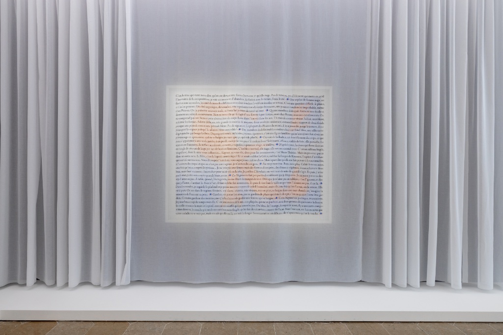Grand voilage tendu devant un texte encadré, exposition de Sophie Calle au musée Picasso