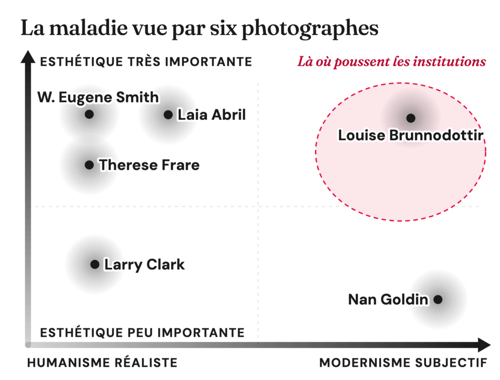 Matrice avec six photographes ayant traité la maladie : W. Eugene Smith, Laia Abril et Therese Frare en haut à gauche, Larry Clark en bas à gauche, Nan Goldin en bas à droite, Louise Brunnodottir en haut à droite dans la zone des institutions.